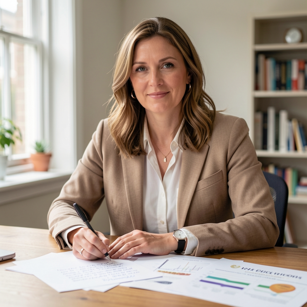 Editorial portrait of a nutritionist in soft natural light, half-profile, warm studio setting