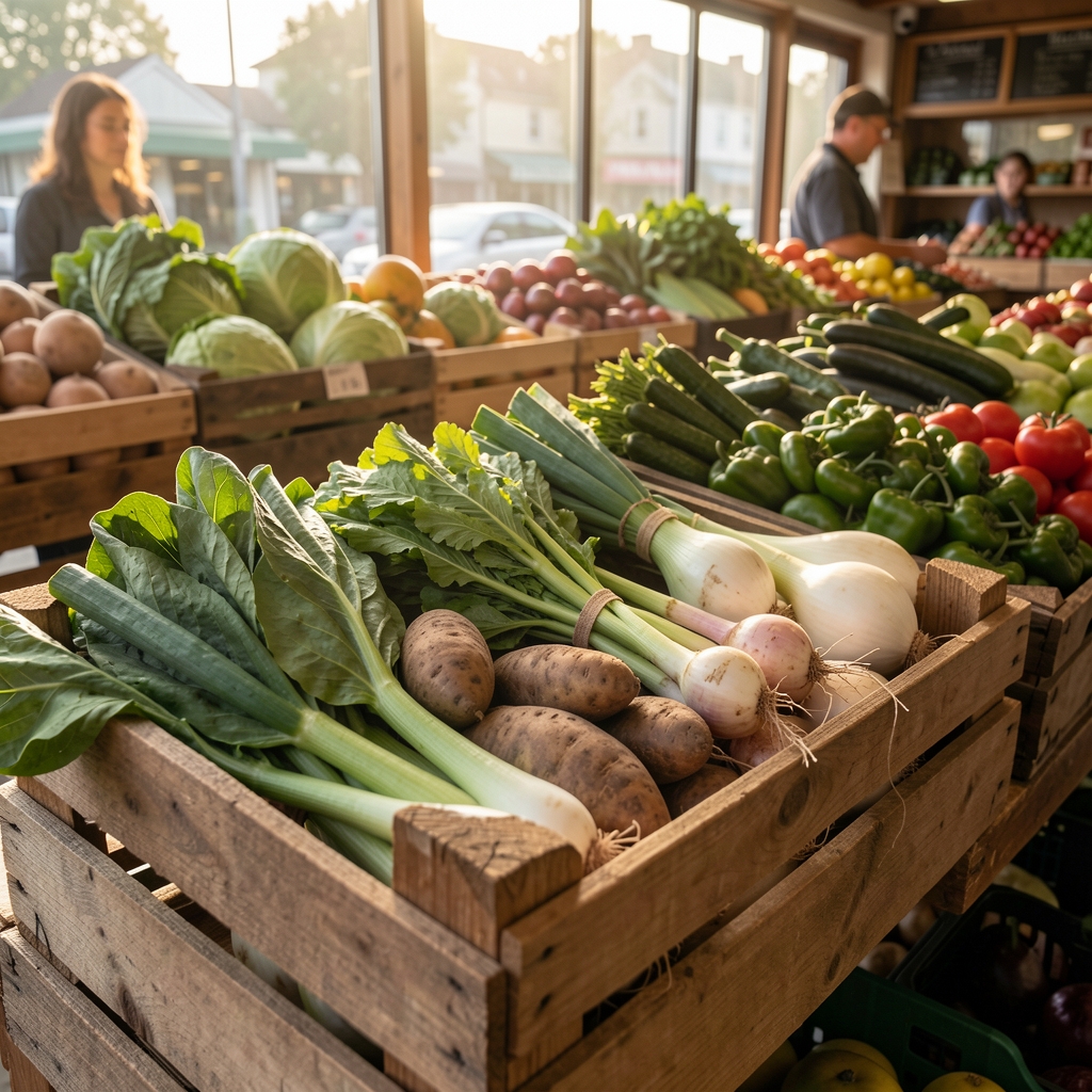 A wooden market crate filled with seasonal green vegetables and root crops under early morning light at a produce stand